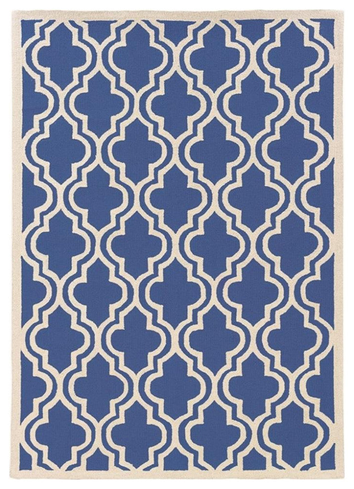 Linon Silhouette Quatrefoil Hand Hooked Wool 8'x10' Rug in Navy