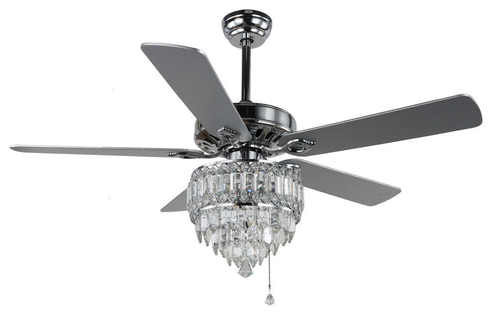 52" Black Crystal Reversible Ceiling Fan with 5 Wood Blades and Remote Control, Chrome, 52"
