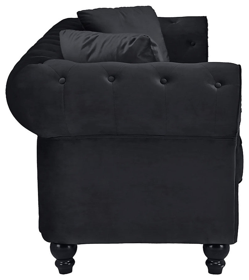 Traditional Velvet Upholstered Chesterfield Sofa With Accent Pillows, Black