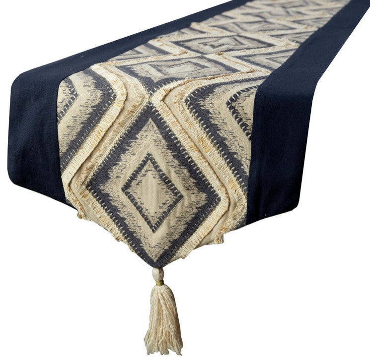 Decorative Table Runner Blue Jacquard 14"x120", Moroccan, Tassles & Lace, Aissa