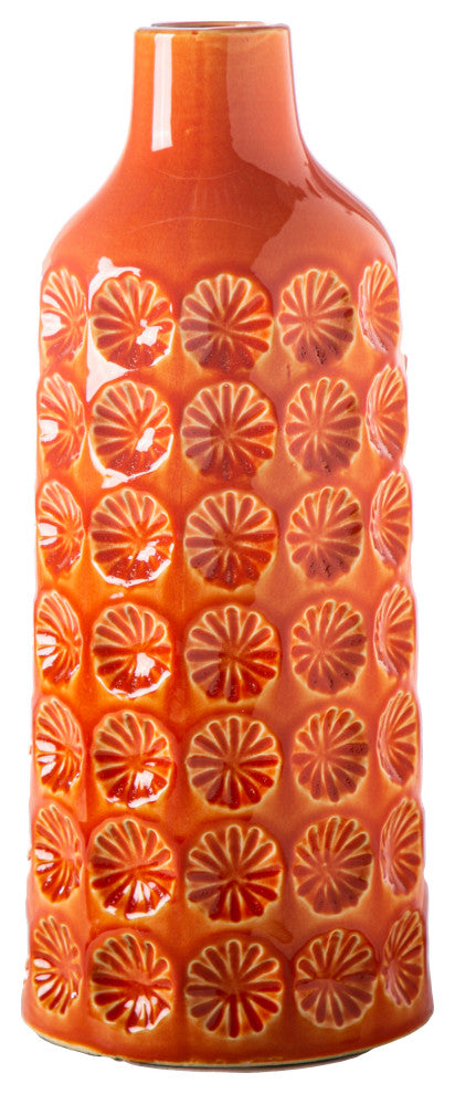Round Ceramic Bottle Vase with Clover Pattern Design Gloss Orange Finish, Medium