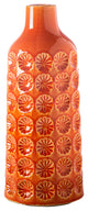 Round Ceramic Bottle Vase with Clover Pattern Design Gloss Orange Finish, Medium