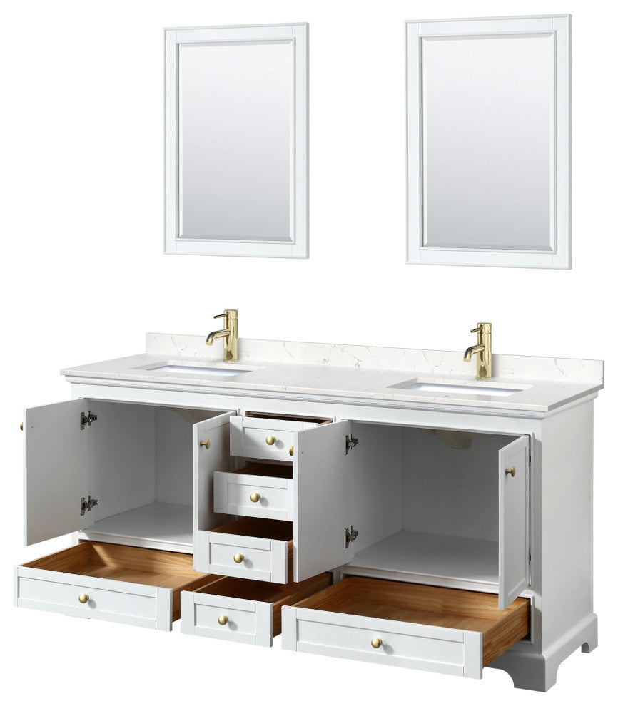 72"DBL Vanity White, Carrara Cult. Marble Top, Sinks, Gold Trim, 24"Mirrors