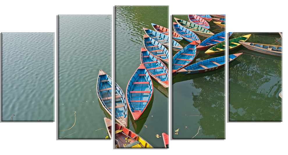 Phewa Lake in Pokhara Nepal, Boat Canvas Art Print, 60"x32", 5 Panels