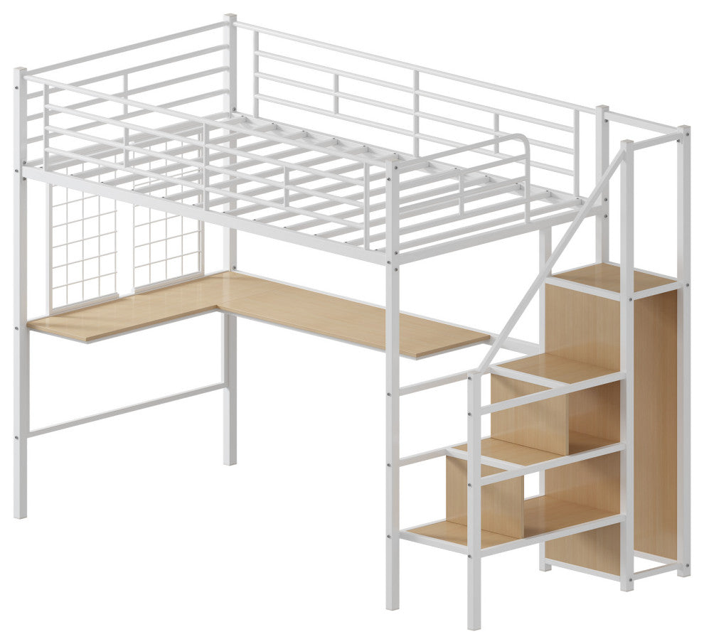 Gewnee Twin Loft Bed with Desk and Storage Wardrobe