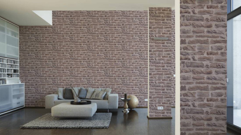 Faux Textured Wallpaper Brick Wall, 355801, Beige Brown Purple, Sample
