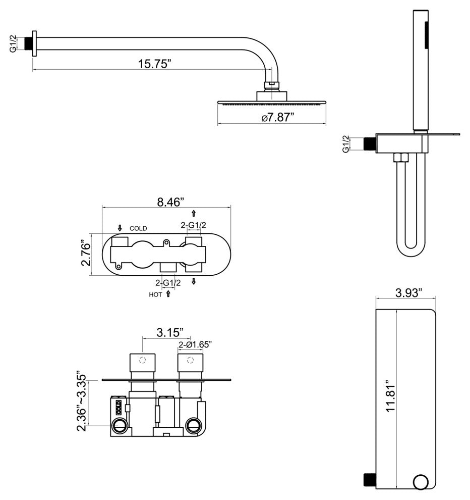 Thermostatic Rain Shower System with Hand Shower-Includes Rough-in Valve
