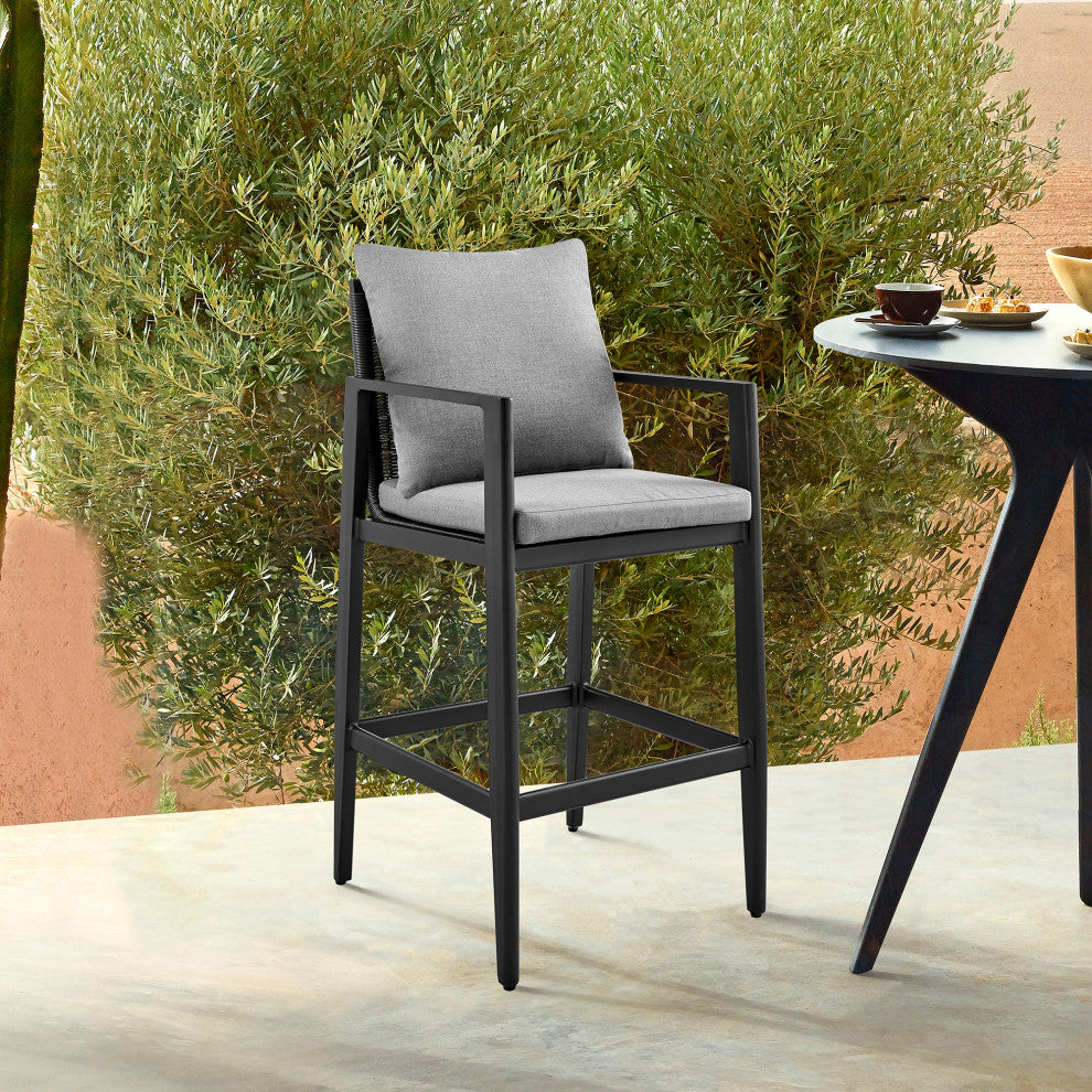 Cayman Outdoor Stool, Aluminum With Gray Cushions, Bar Height