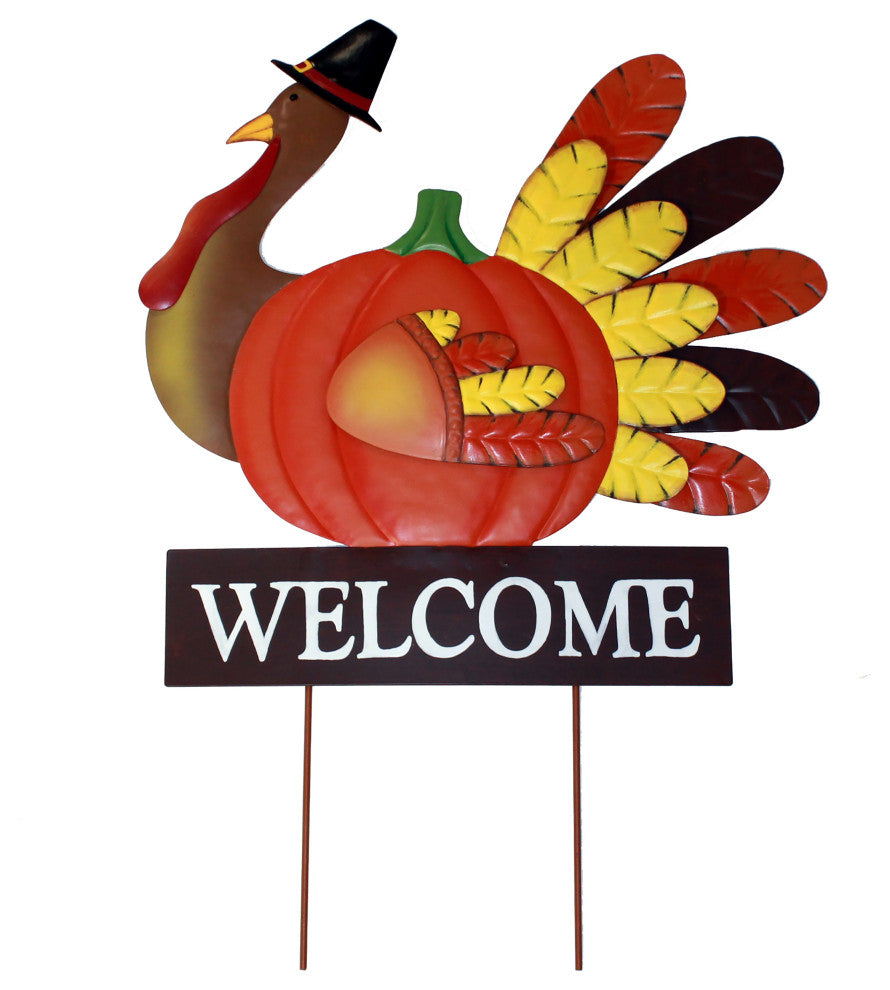 20" Thanksgiving Metal Turkey Pumpkin On Stake With Pilgrim Hat