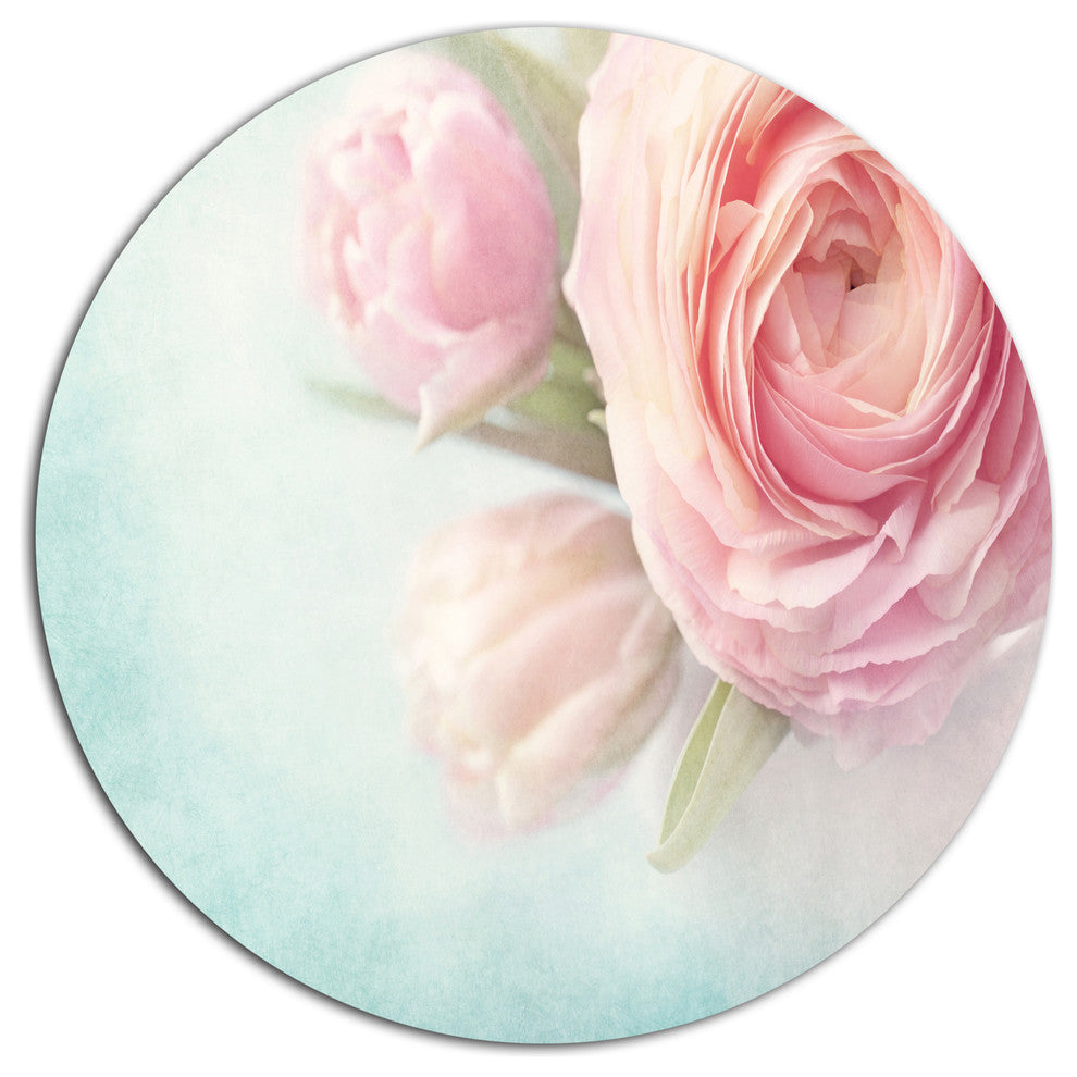 Pink Flowers Against Blue Background, Floral Disc Metal Wall Art, 36"