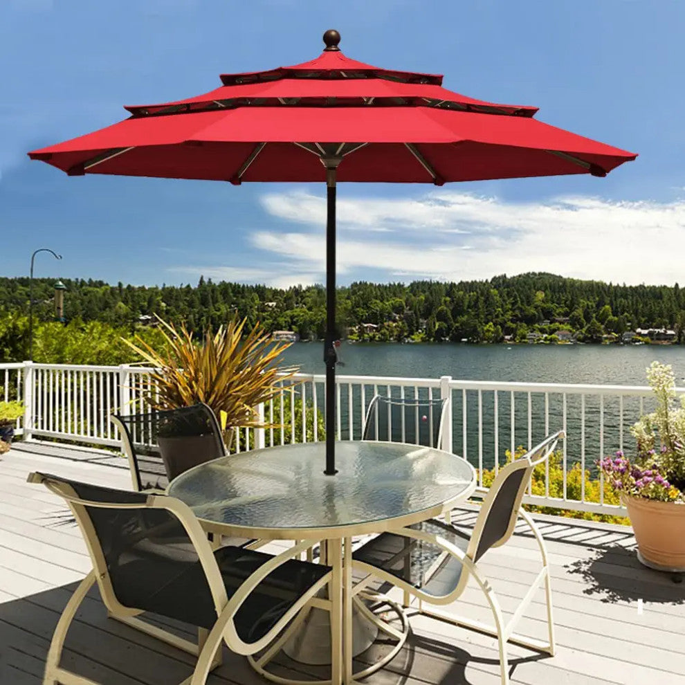 9ft Patio Umbrella with Crank Lift and Ventilated 3 Tier Design, Logo Red