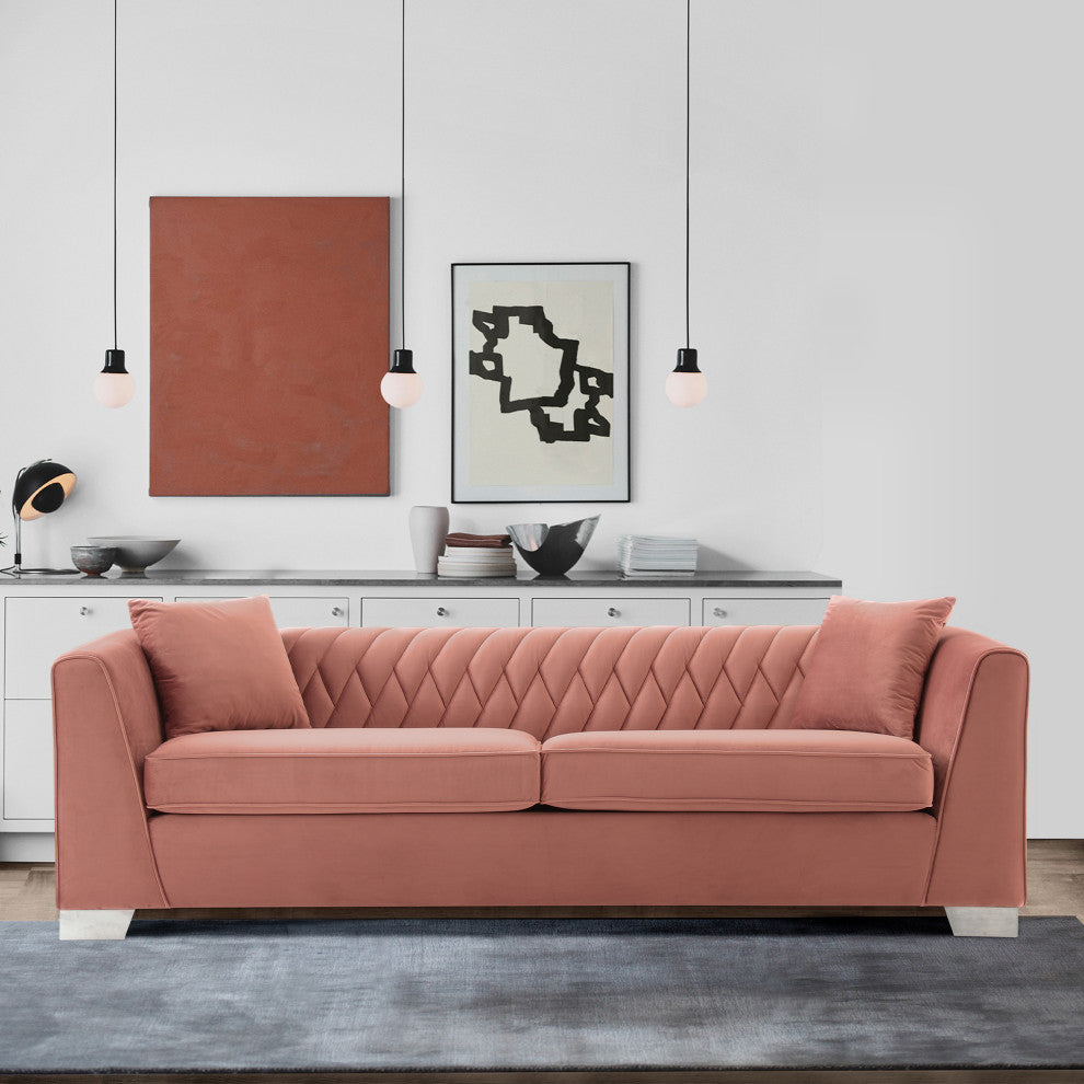 Cambridge Contemporary Sofa, Brushed Stainless Steel and Blush Velvet