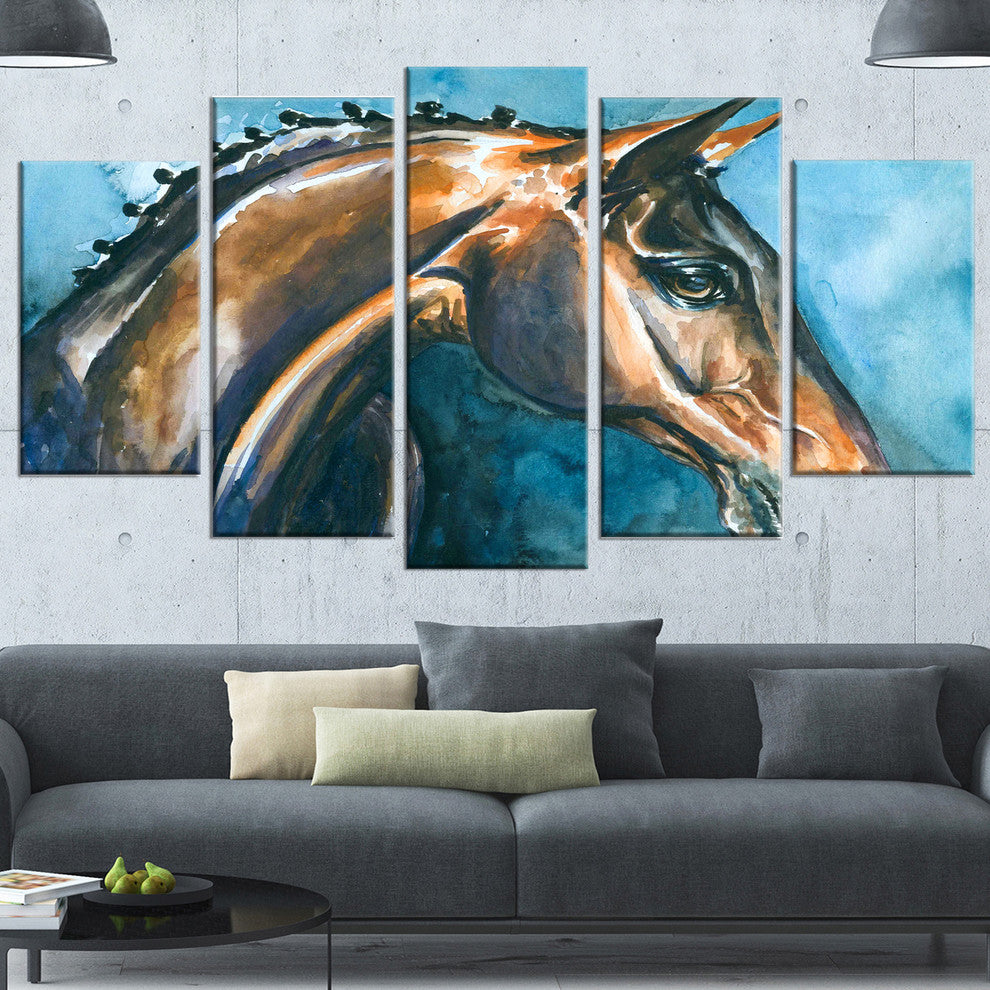 Brown Horse on Blue Watercolor, Abstract Canvas Art Print, 60"x32", 5 Panels