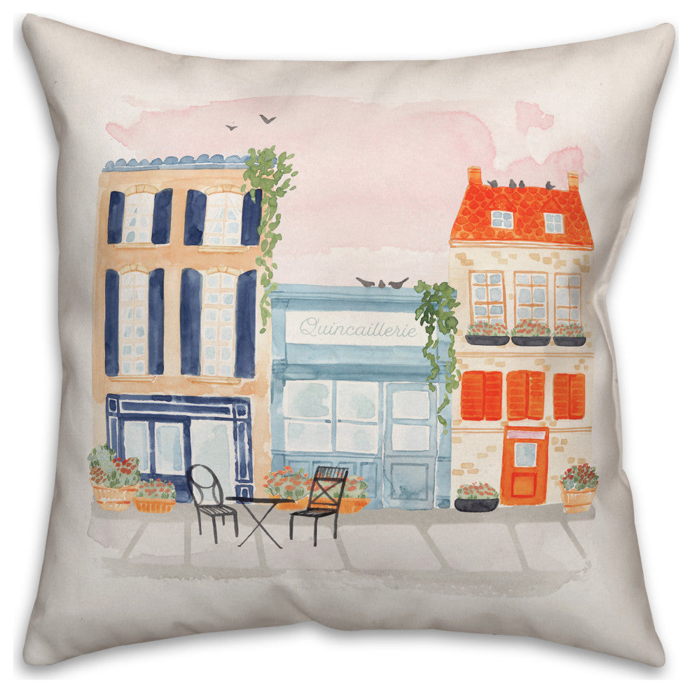 Watercolor French Shops 18x18 Spun Poly Pillow