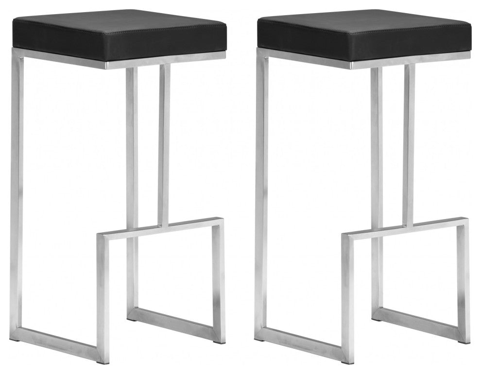Set of Two Black Faux Leather and Stainless Geometric Backless Barstools