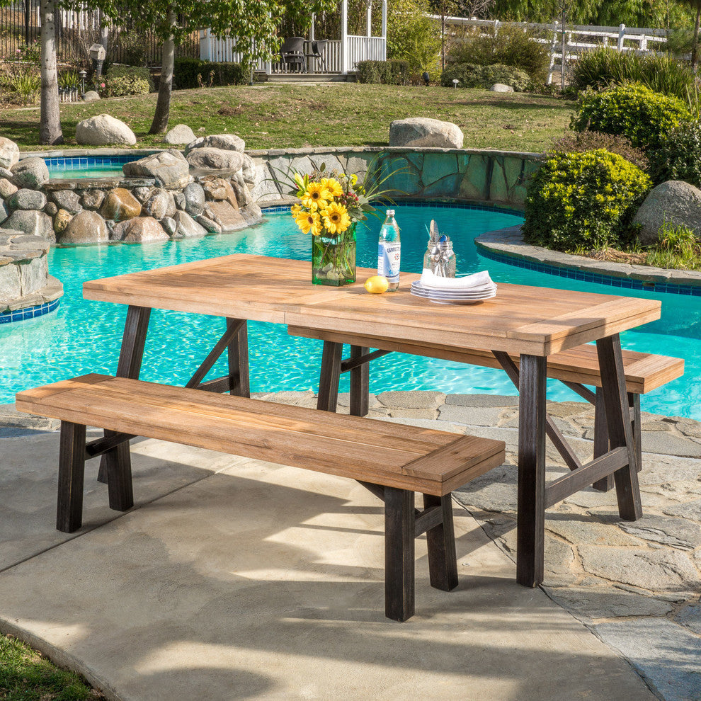 GDF Studio 3-Piece Valverde Outdoor Wood Picnic Dining Set