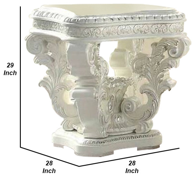 Benzara BM276275 29" End Table, Raised Scrolled Pedestal, Ornate Motif, White