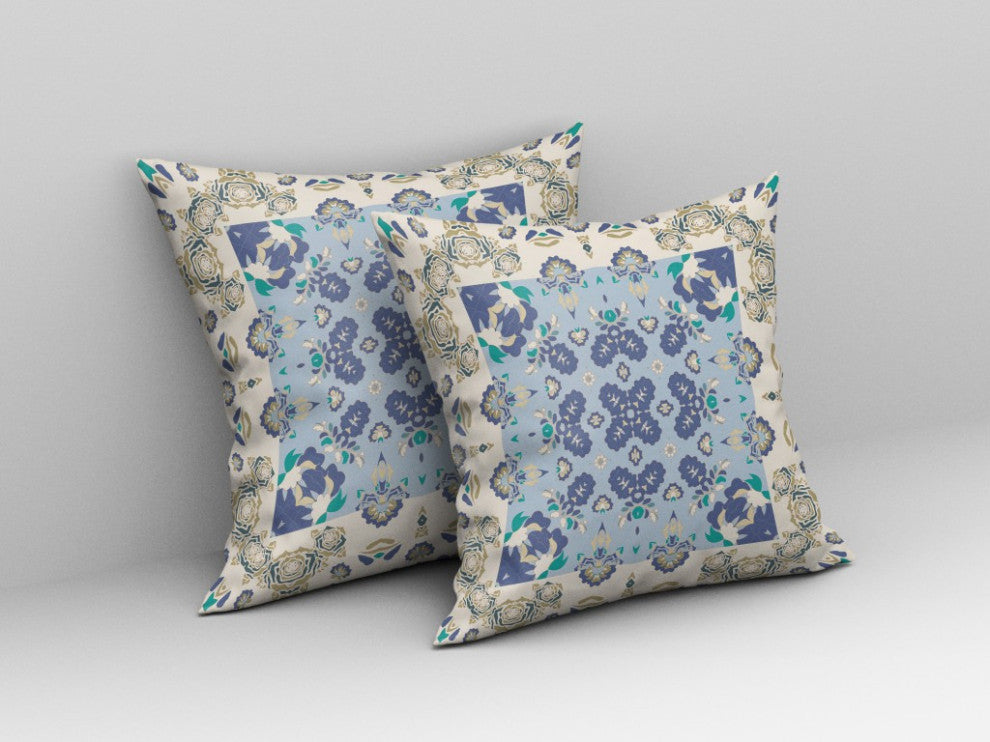 26" White Blue Rose Box Indoor Outdoor Zippered Throw Pillow