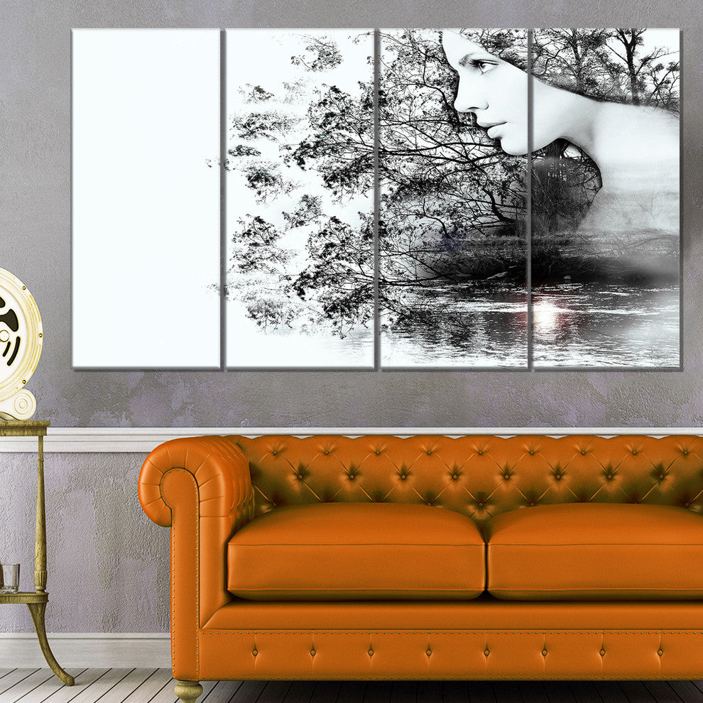 Woman and Beauty of Nature, Landscape Canvas Print, 48"x28", 4 Panels