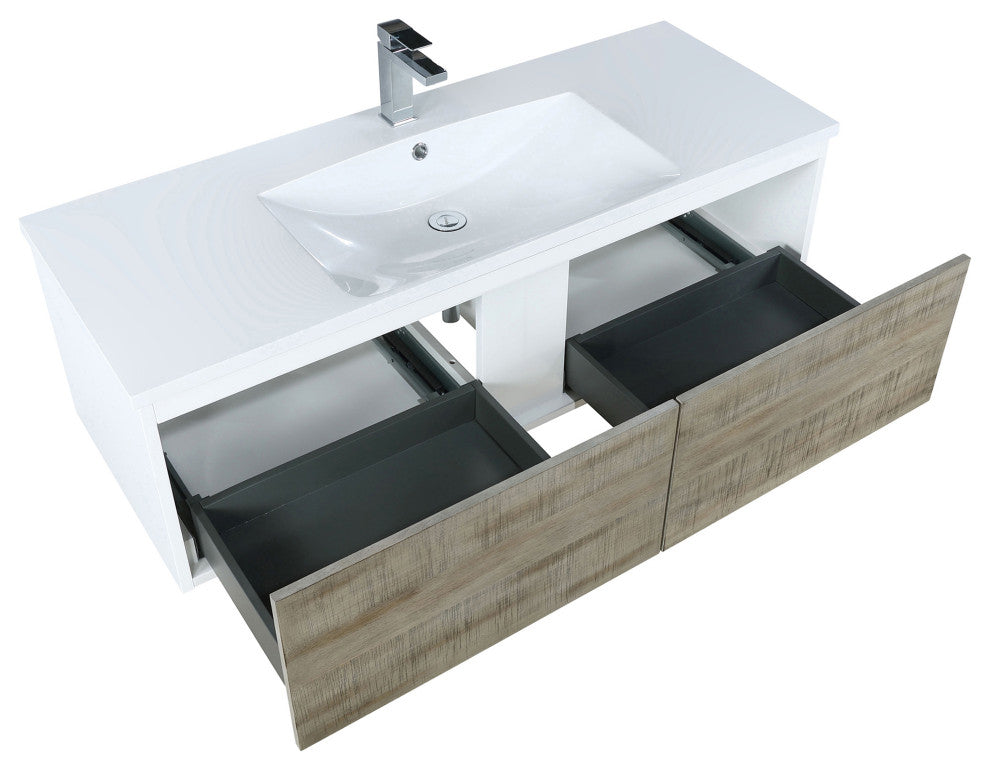Scopi 48 Rustic Acacia Vanity, Acrylic Top With Sink, Gun Metal Faucet Set