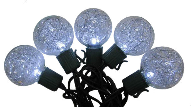G40, Silver Tinsel, 10 Pure White 5 mm. LEDs, Green Wire