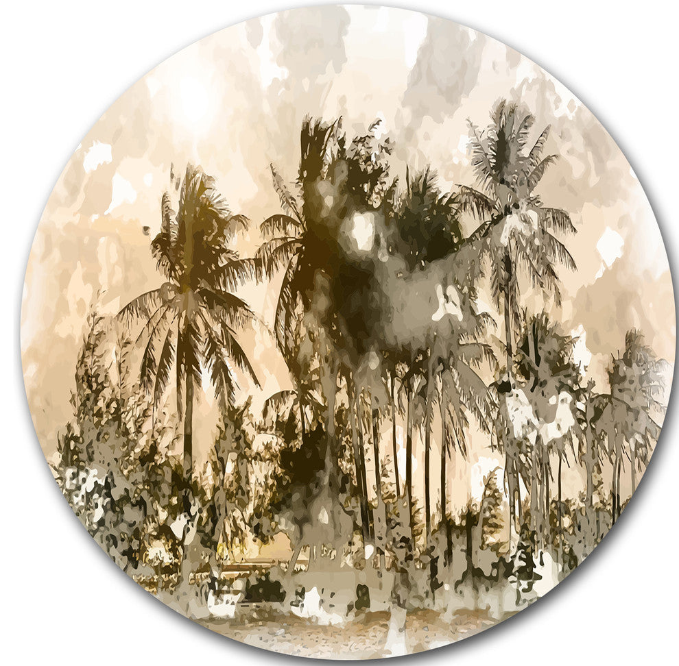 Dark Palms At Sunset, Landscape Round Metal Wall Art, 36"