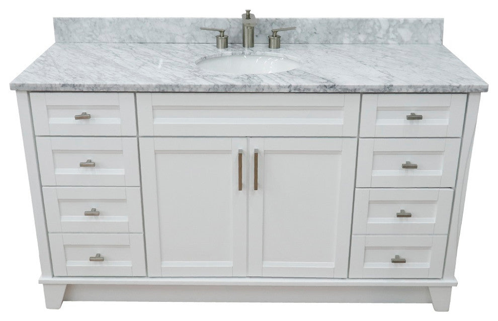 61" Single Sink Vanity, White Finish And White Carrara Marble And Oval Sink