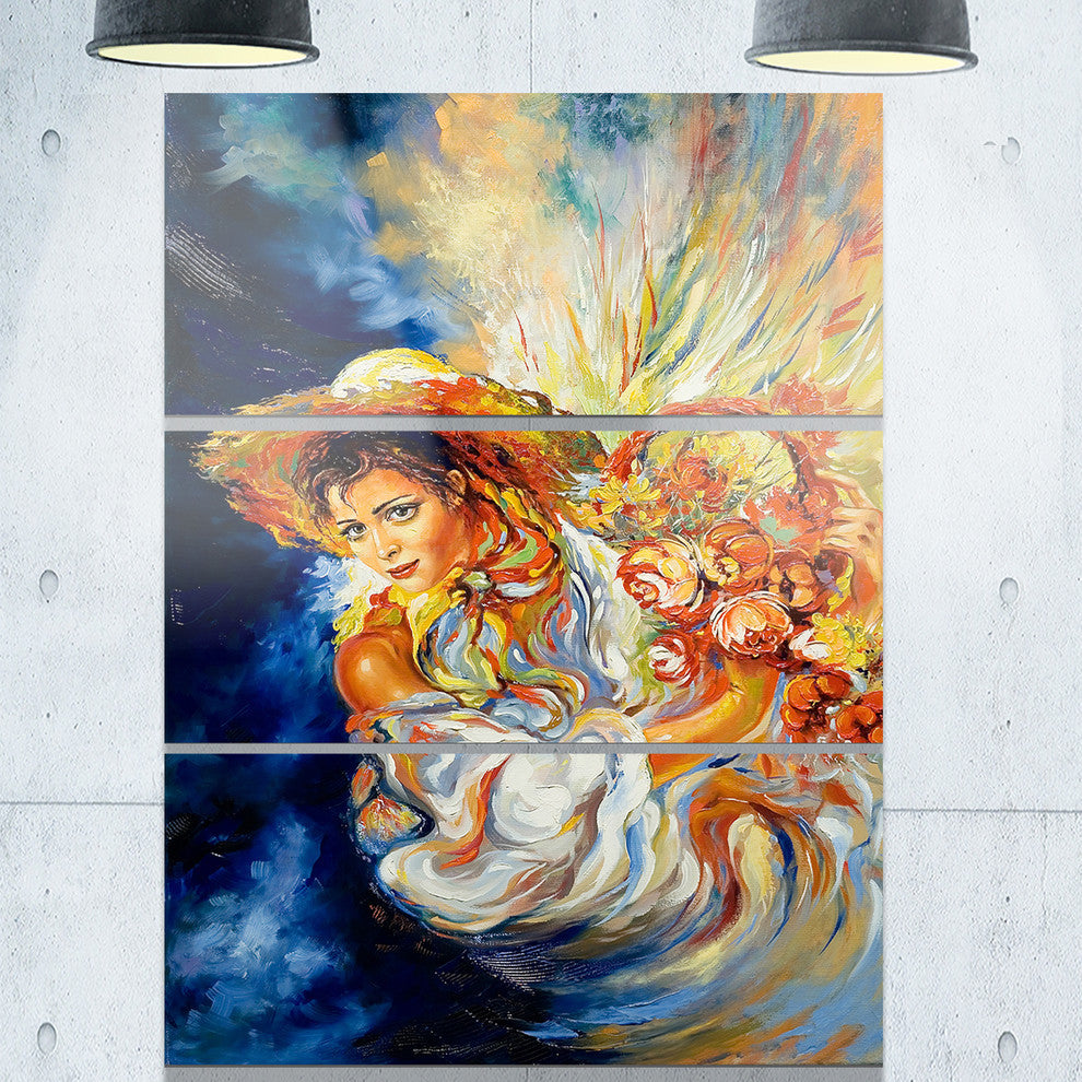 "Girl With Flowers" Glossy Metal Wall Art, 3 Panels, 28"x36"