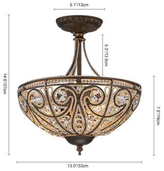 3-Light Antiqued Rust Crystal Semi Flush Ceiling Light