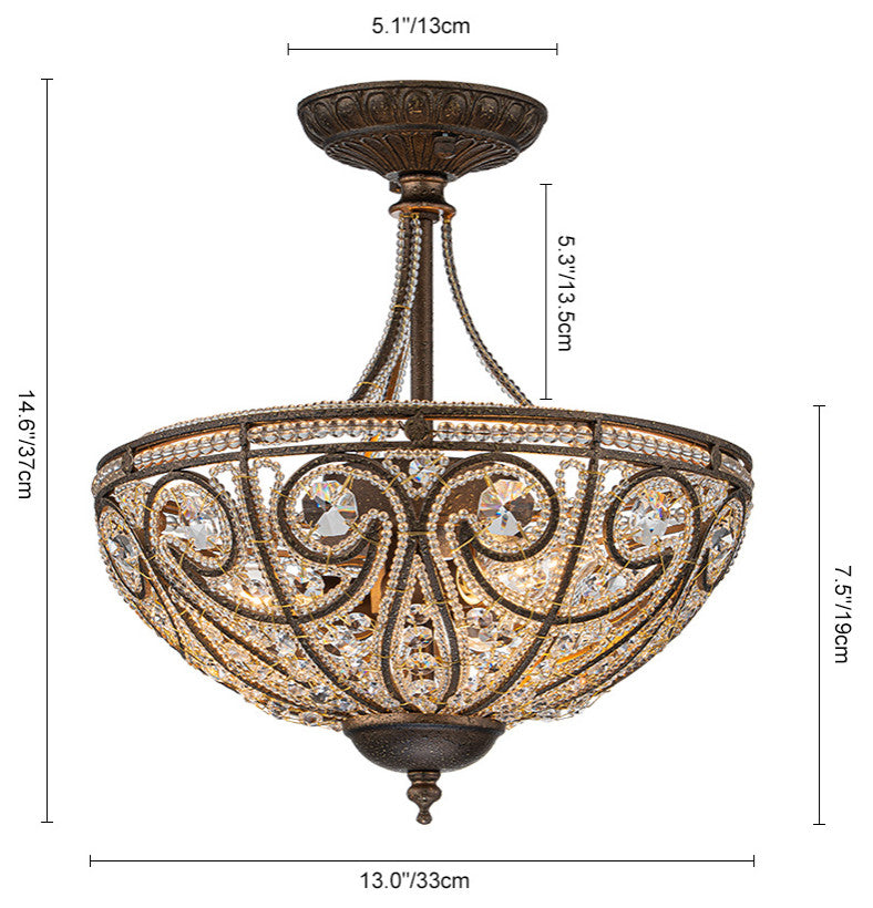 3-Light Antiqued Rust Crystal Semi Flush Ceiling Light