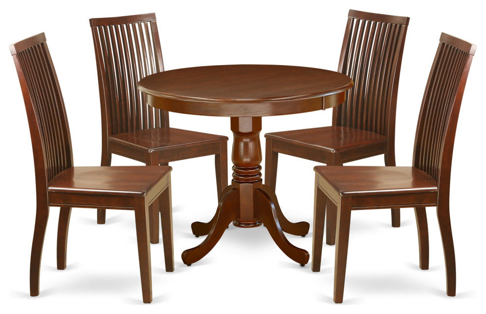 5Pc Round 36 Inch Kitchen Table And 4 Wood Seat Dining Chairs
