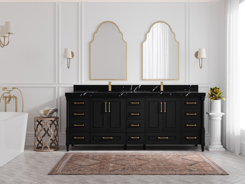 Aberdeen 84 Double Sink Bath Vanity In Black 2" Calacatta Black