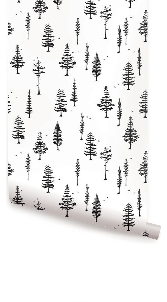 Tree With Birds Peel and Stick Vinyl Wallpaper, Black, 24"w X 60"h