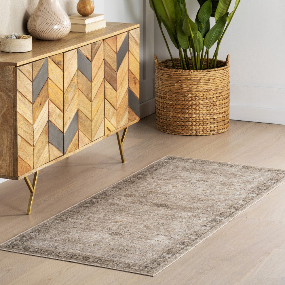 Bayberry Spill Proof Vintage Machine Washable Area Rug, Sand 2'6"x10'