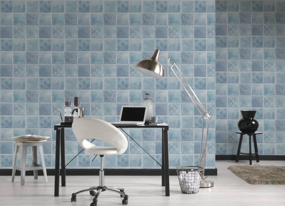 Textured Wallpaper, Flower Ornaments, Blue, 1 Roll