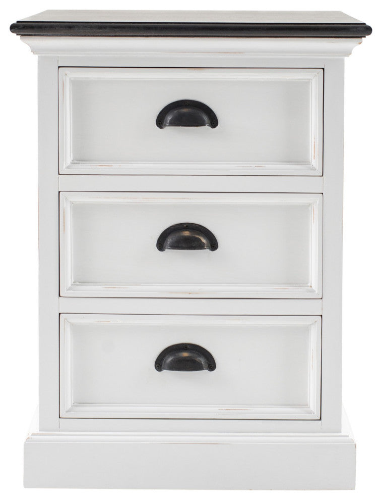 Distressed White and Deep Brown Three Drawer Nightstand
