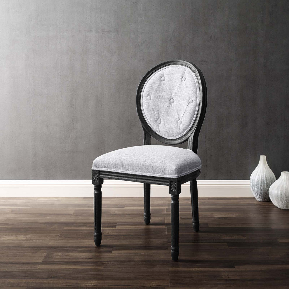 French Vintage Side Dining Chair, Fabric, Wood, Black Gray, Modern, Bistro