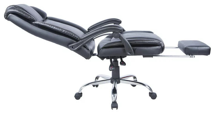 Executive Office Chair, Black Faux Leather Seat With Extendable Footrest, Black