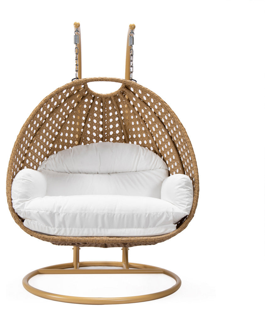 LeisureMod Mendoza Light Brown Wicker Hanging Double Egg Swing Chair, White