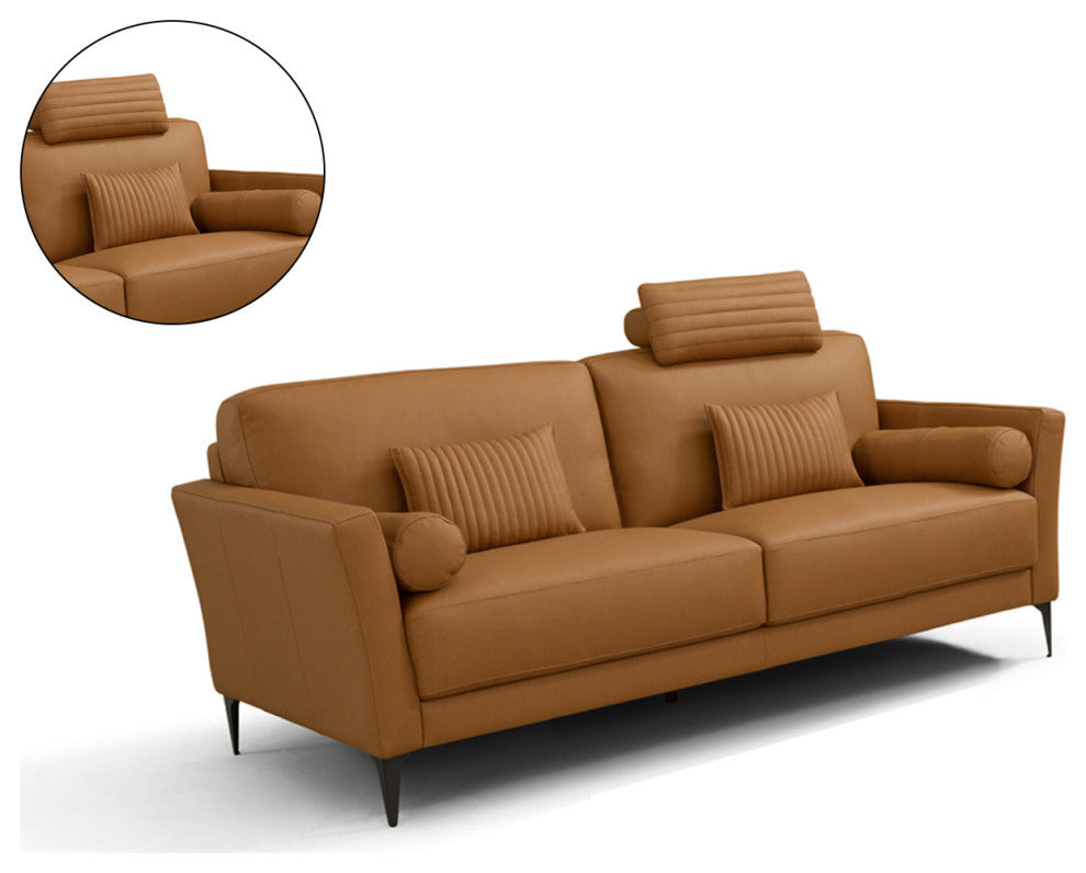 Leather Upholstered Loveseat With Five Pillows, Saddle Tan