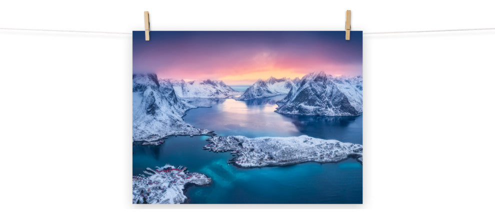 Reine at Winter Sunset Icy Mountain Landscape Photo Loose Wall Art Prints, 18" X 24"