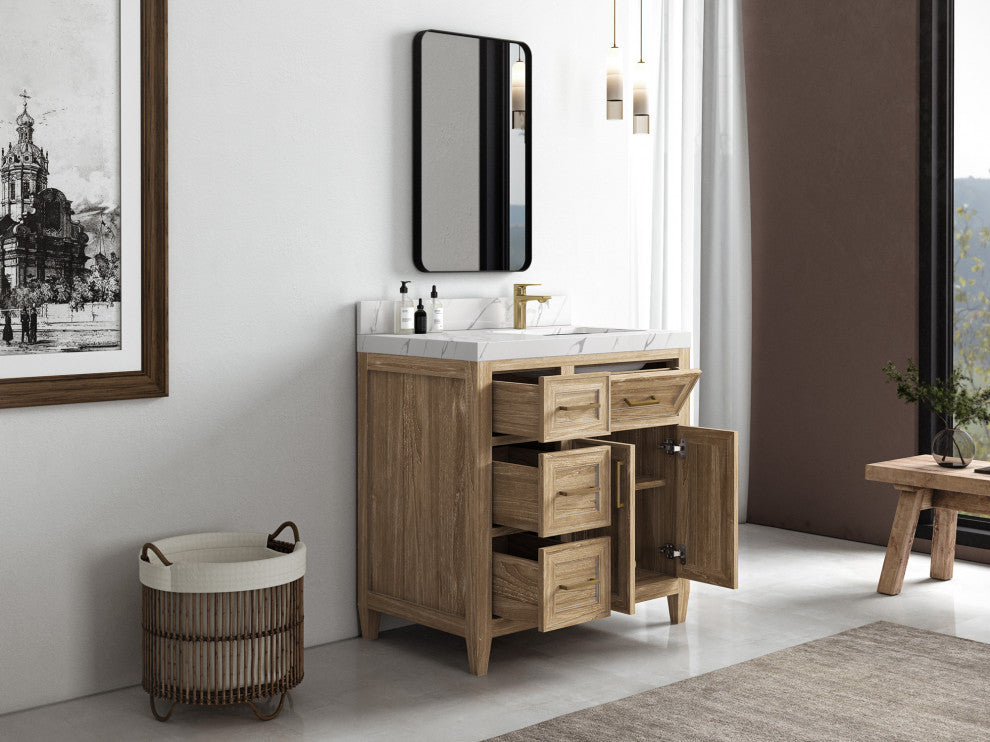 Santa Monica 36 Right Offset  Bath Vanity in Whitewashed Teak 2" Empira Quartz