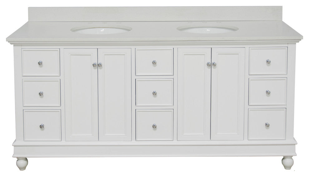 Bella 72" Double Bath Vanity, Base: White, Top: Quartz