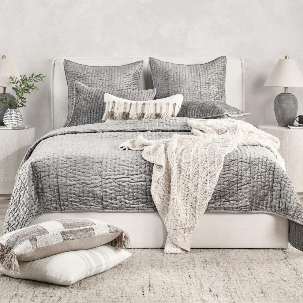 Dimitry Velvet Quilt by Kosas Home, Gray, Queen
