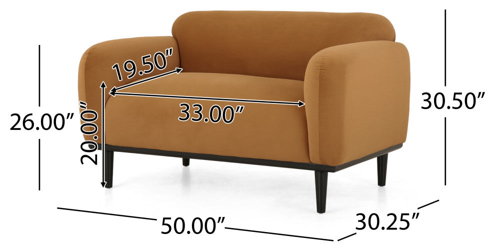 Sandee Contemporary Upholstered Loveseat, Turmeric/Matte Black, 100% Polyester + Birch