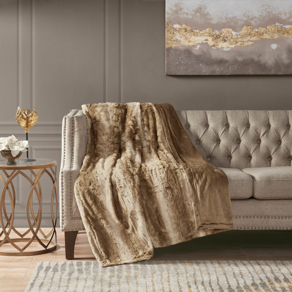 Madison Park Faux Tip Dyed Brushed Long Fur Throw, Tan