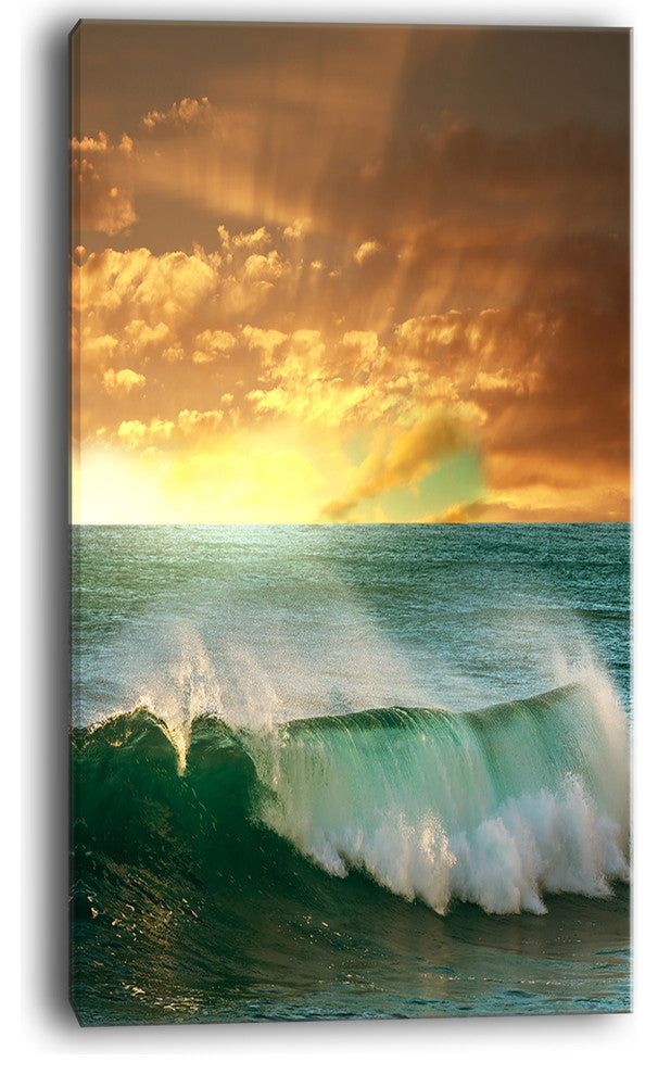 "Stormy White Wave in Blue Sea" Modern Beach Canvas Art Print, 20"x40"