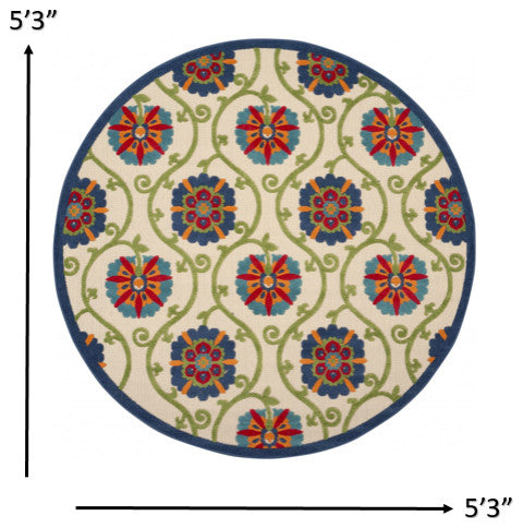 8' Round Ivory And Blue Round Floral Indoor Outdoor Area Rug