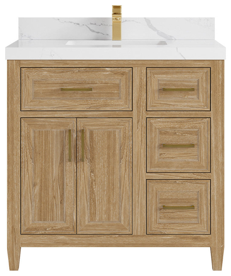 Santa Monica 36 Center Sink Bath Vanity in Whitewashed Teak 2" Calacatta Laza