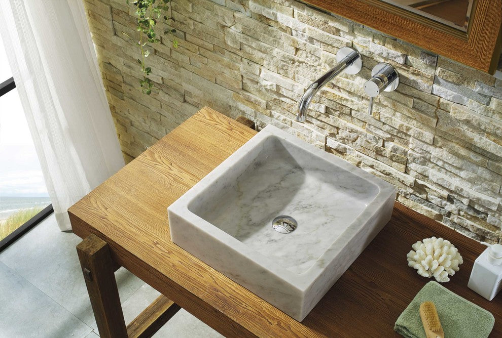 Virtu USA Mya Natural Stone Bathroom Vessel Sink, Bianco Carrara Marble